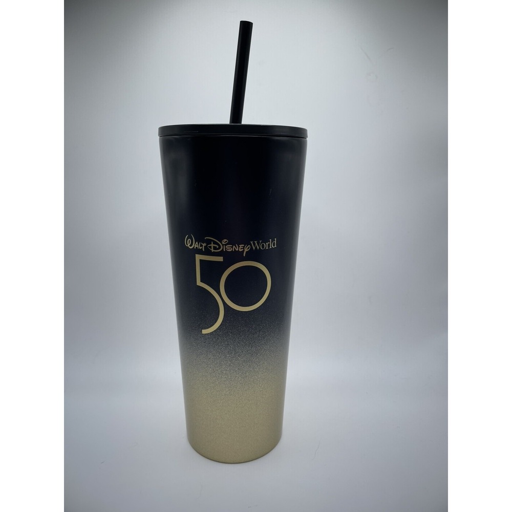 Walt Disney World 50th Anniversary Starbucks Tumbler Cup Black & Gold 24oz NEW